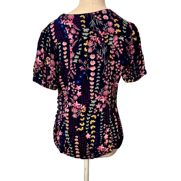 Anthropologie Meadow Rue Blouse Top 6 Eldoret Navy Pink Floral Wrap Short Sleeve - Picture 3 of 12